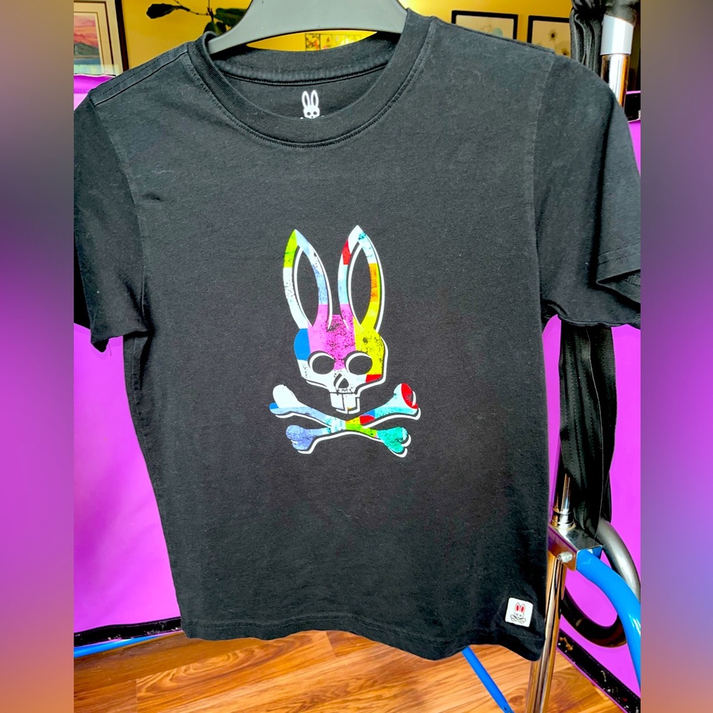 *PSYCHO BUNNY T-SHIRT- Kids size L(14/16). Black with neon skull bunny- Cotton